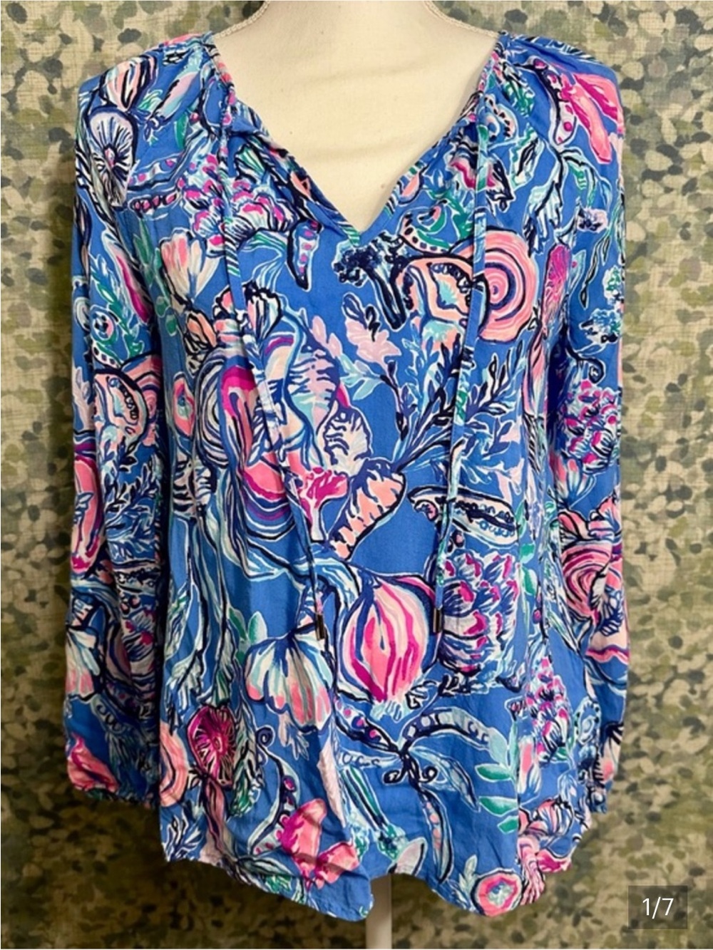 Lilly Pulitzer Blue Pink Ocean Print Tassel Tie Blouse Long Sleeve Size S